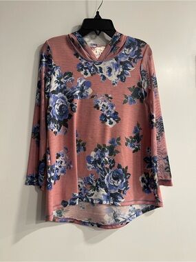New Pink Vanilla Top. Pink Floral Hooded Top with Blue Rose Print